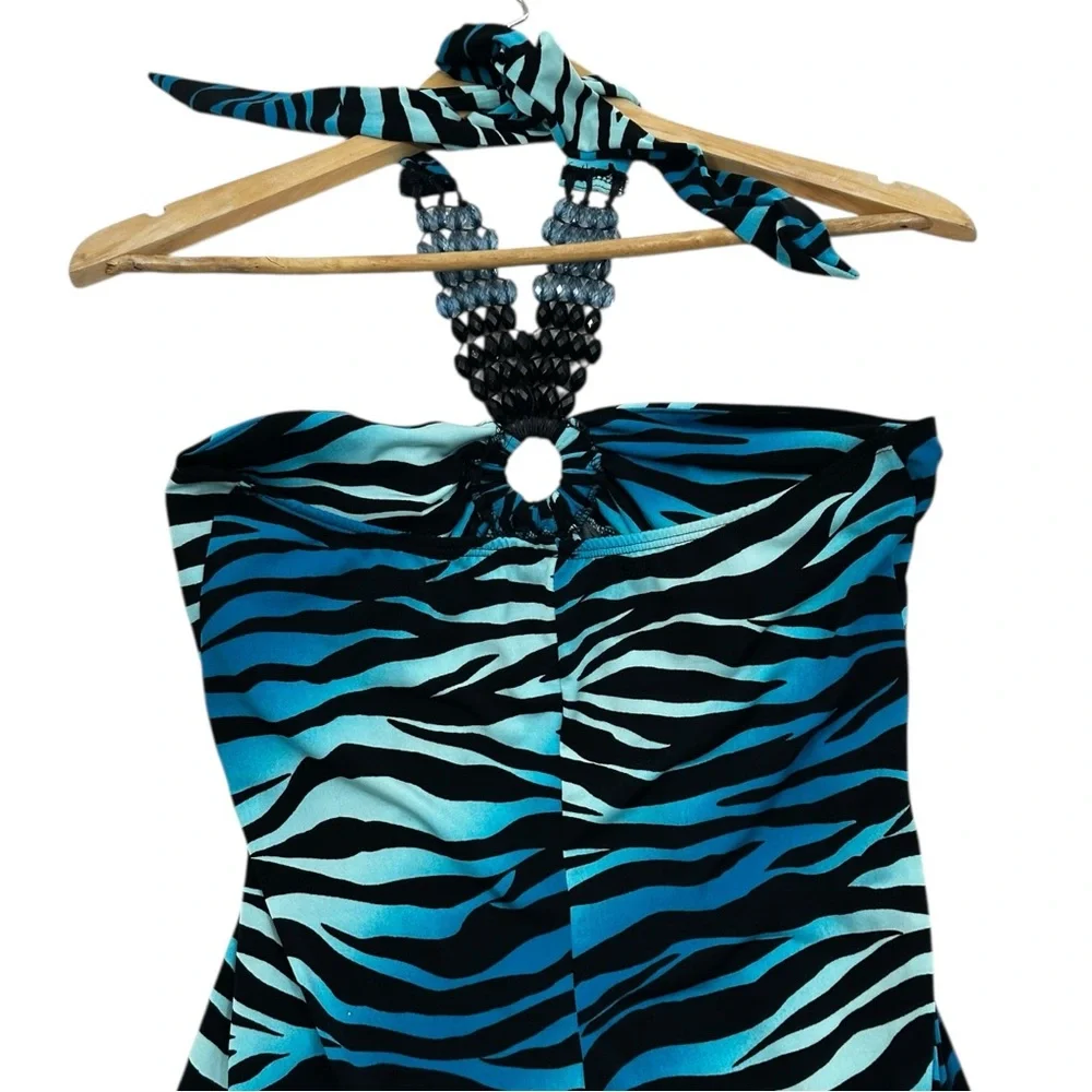 Fresh of LA Blue Zebra Pattern Halter Maxi Dress Beaded Straps - Picture 8 of 9